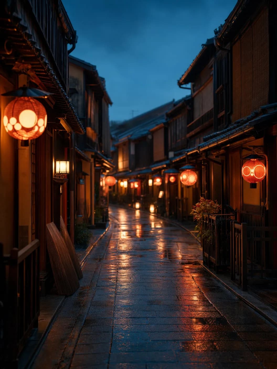 祇園・花見小路の夕景、提灯の灯る石畳