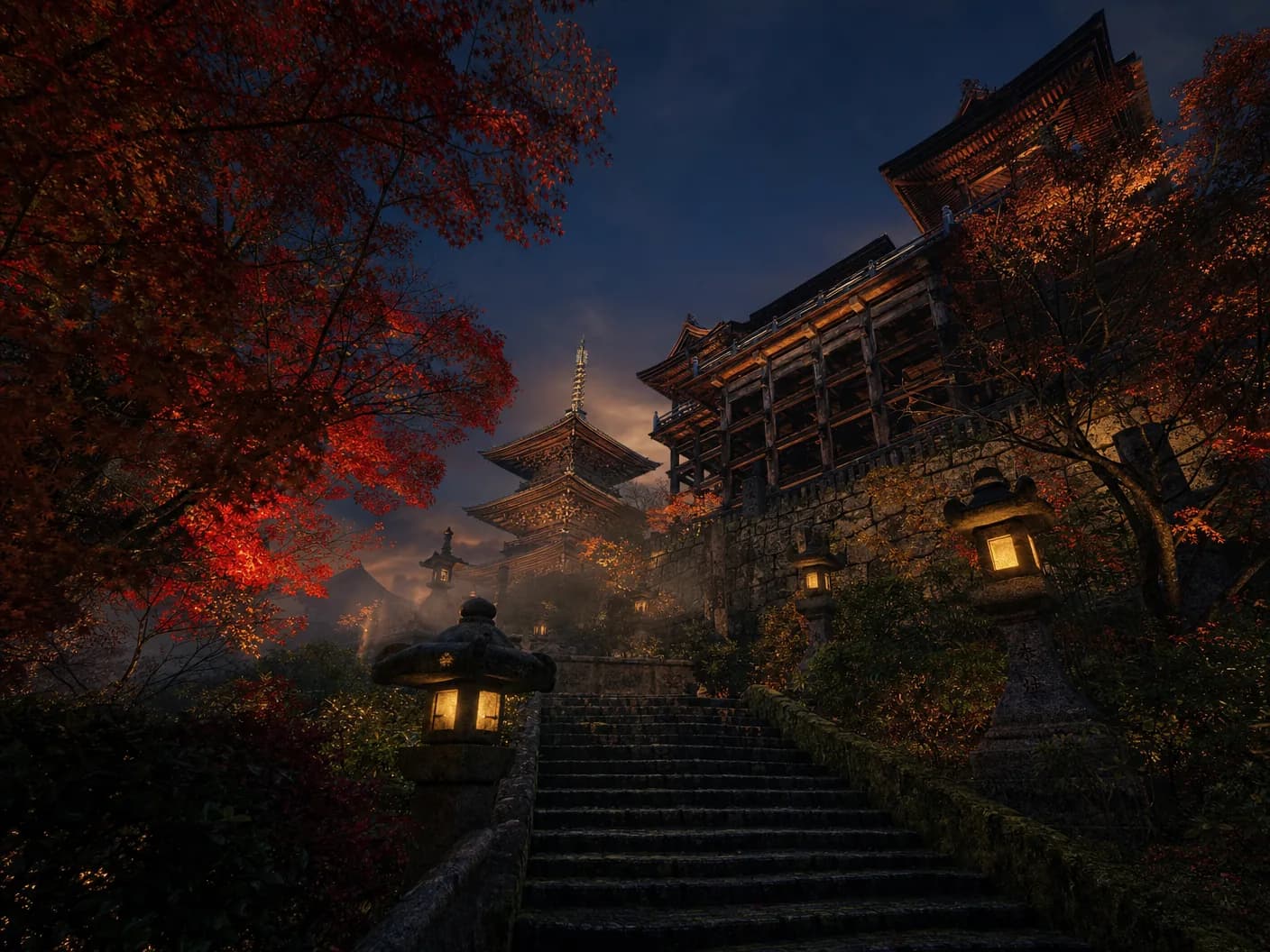 清水寺 三重塔のシルエット、夕暮れ